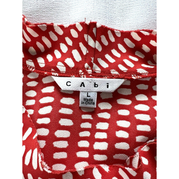 Cabi Madeline Blouse Top Womens Size L Red Orange White Dot Drape Ruffle Silky - Picture 3 of 7